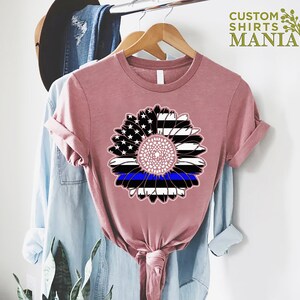 Police Flag Shirt For Women, Police Wife Gift, Sunflower American Flag Shirt, Thin Blue Line Shirt, Police Gift, Police Mom Shirt image 7