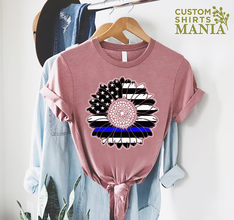 Police Flag Shirt For Women, Police Wife Gift, Sunflower American Flag Shirt, Thin Blue Line Shirt, Police Gift, Police Mom Shirt image 7