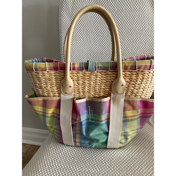 Ralph Lauren Wicker Rattan Basket Tote Pastel Colors