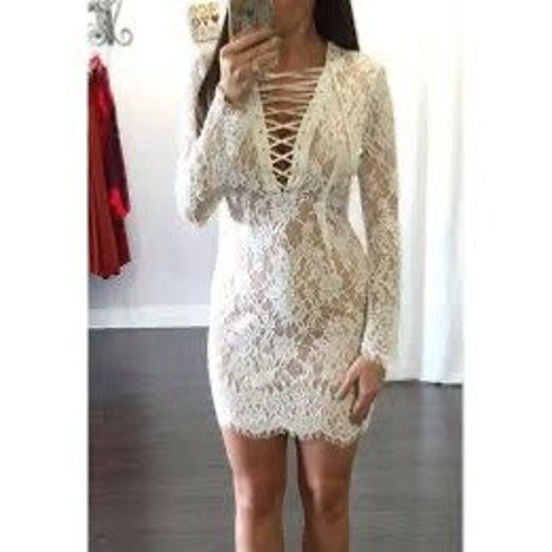 Plunging V-Neck Lace Appliqued Short Dress Black
