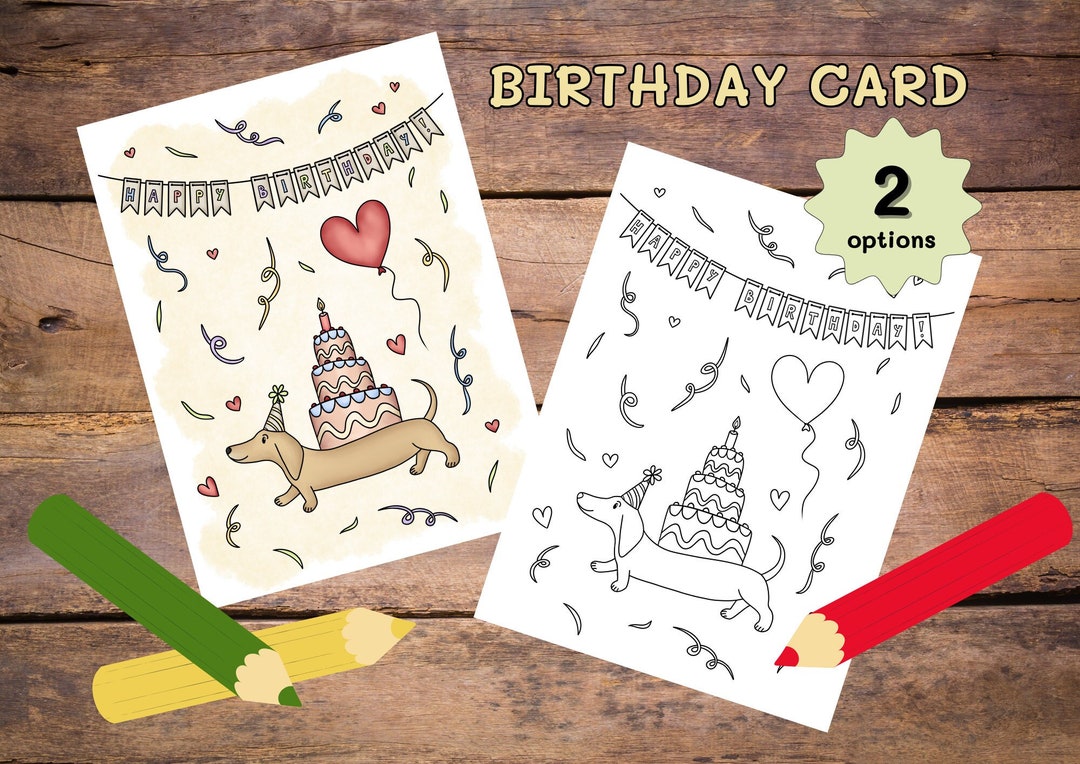 Printable Birthday Card With Dog Coloring Birthday Card or Pre-colored ...