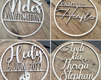 Hoop, wooden ring, individual ring made of wood, personalized, family, door sign, gift, wedding