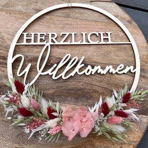 dekorierter Hoop, Holzring mit Trockenblumen, individueller Ring aus Holz, personalisiert rosa/grün/bordeaux