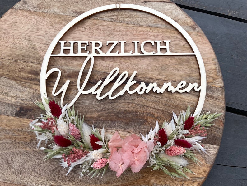 dekorierter Hoop, Holzring mit Trockenblumen, individueller Ring aus Holz, personalisiert rosa/grün/bordeaux