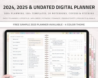 May include: Digital planner for 2024 and 2025 with undated pages. Includes 500+ planners, 150+ templates, 30 notebooks, covers, and stickers. Features daily, lifestyle, wellness, fitness, finance, productivity, projects, and goals sections. Includes a free 2023 sample.