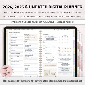 May include: Digital planner for 2024 and 2025 with undated pages. Includes 500+ planners, 150+ templates, 30 notebooks, covers, and stickers. Features daily, lifestyle, wellness, fitness, finance, productivity, projects, and goals sections. Includes a free 2023 sample.