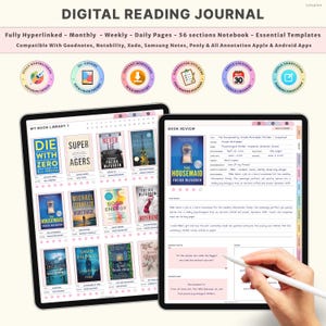 May include: Digital reading journal displayed on two tablets. The journal features a book library and a book review section. The tablets showcase various book covers and a detailed review page. The top banner reads "DIGITAL READING JOURNAL".