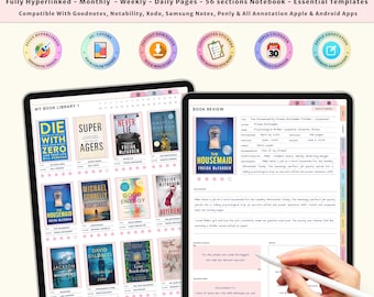 Minimal Digital Reading Journal | Book Tracker & Review Log | Reading Planner for iPad, Android, Tablet | Digital Bookshelf
