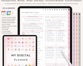 May include: Digital planner for 2025 and 2026, with undated daily, weekly, and monthly pages. Features include 56 sections, essential templates, and compatibility with various apps. Includes stickers, warm colours, and elegant design. The text "MY DIGITAL PLANNER" is visible.
