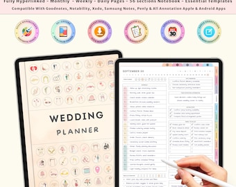 Digital Wedding Planner Template for iPad Goodnotes | Vision Boards, Budget, Itinerary, Timeline, Bride Journal, Hyperlinked Binder