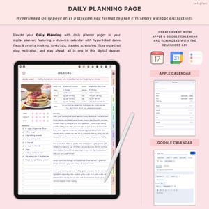 May include: A digital planner on a tablet with a stylus, featuring a recipe for fluffy buttermilk pancakes. The planner includes a calendar, to-do lists, and scheduling features. The text on the screen reads "Daily Planning Page."