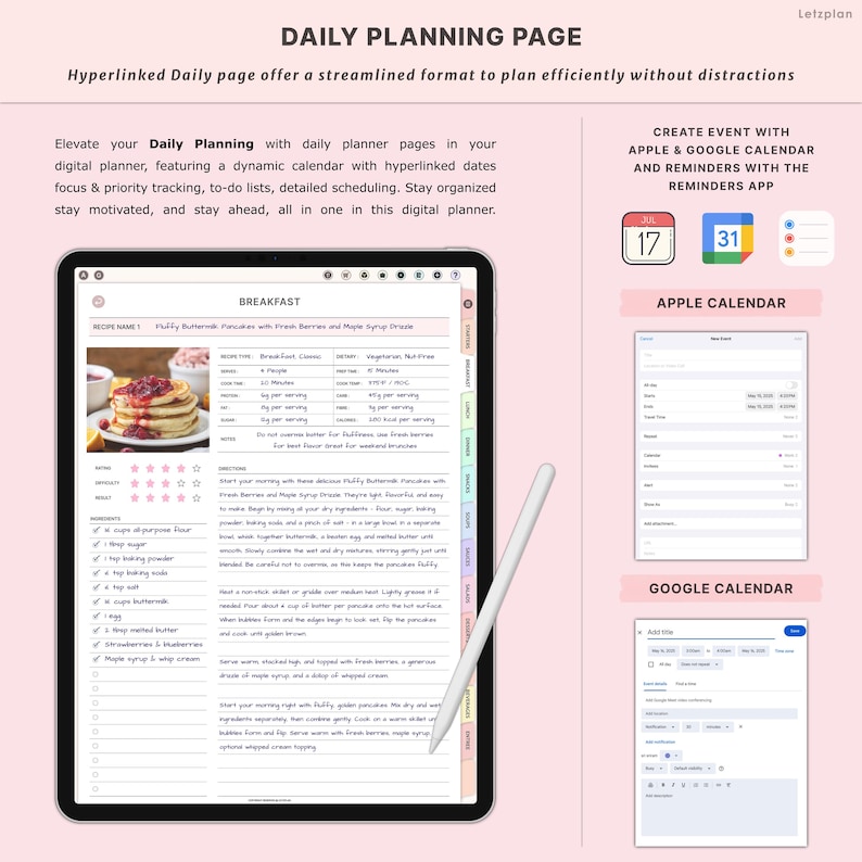 May include: A digital planner on a tablet with a stylus, featuring a recipe for fluffy buttermilk pancakes. The planner includes a calendar, to-do lists, and scheduling features. The text on the screen reads "Daily Planning Page."
