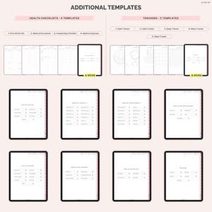 Pu&ograve; includere: Modelli digitali per la salute e il benessere, inclusi elenchi di controllo e tracker. L'immagine mostra diversi schermi di tablet che mostrano vari modelli come documenti medici, tracker delle abitudini e tracker del sonno. Il testo "ADDITIONAL TEMPLATES" &egrave; in alto.