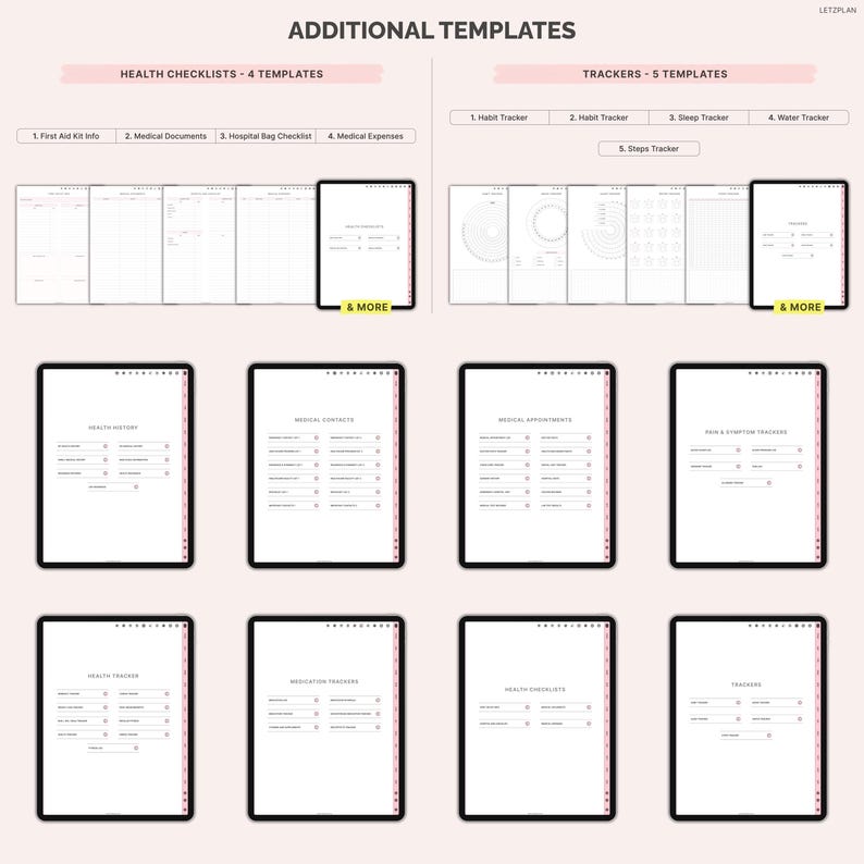 Pu&ograve; includere: Modelli digitali per la salute e il benessere, inclusi elenchi di controllo e tracker. L'immagine mostra diversi schermi di tablet che mostrano vari modelli come documenti medici, tracker delle abitudini e tracker del sonno. Il testo "ADDITIONAL TEMPLATES" &egrave; in alto.