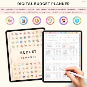 May include: Two digital tablets displaying a budget planner. One tablet shows the cover with the text "BUDGET PLANNER" and icons. The other tablet displays a detailed budget sheet for September. The image includes the text "DIGITAL BUDGET PLANNER".