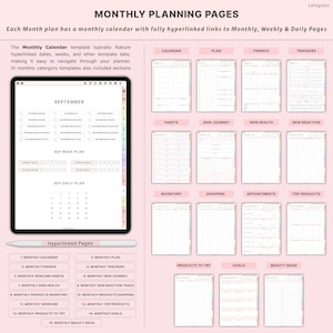 May include: Digital planner with monthly, weekly, and daily planning pages. The planner includes sections for calendar, finance, trackers, habits, skin journey, and more. The planner is displayed on a tablet with a stylus.
