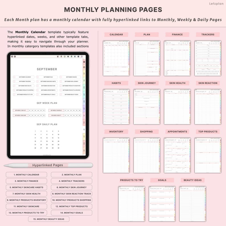 May include: Digital planner with monthly, weekly, and daily planning pages. The planner includes sections for calendar, finance, trackers, habits, skin journey, and more. The planner is displayed on a tablet with a stylus.