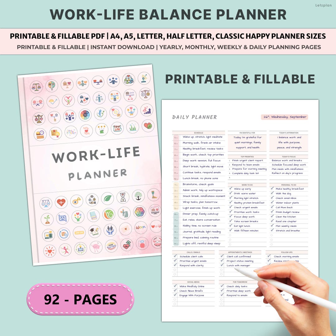 Work Life Balance Planner Printable | Daily Work Organizer Self Care ...