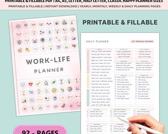 Work Life Balance Planner Printable | Daily Work Organizer Self Care Tracker | Productivity Goal Time Management A4 A5 Bundle