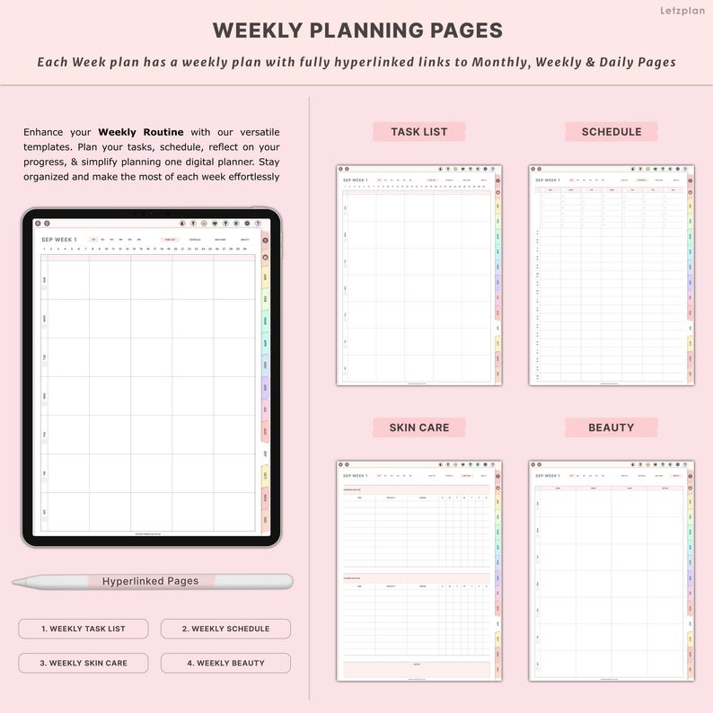 May include: A digital planner with weekly planning pages, including task lists, schedules, skin care, and beauty sections. The planner is displayed on a tablet with a stylus, and the text "Weekly Planning Pages" is at the top.