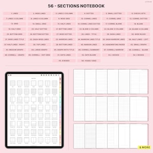 May include: A digital notebook with 56 different section layouts, including lined, dotted, grid, and Cornell note styles. The image shows a tablet displaying the notebook's contents, along with examples of the various page designs.