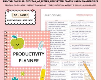 Planificador de productividad imprimible / Organizador de tareas diarias y semanales / Páginas de gestión del tiempo enfocadas en objetivos