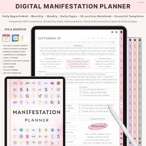 May include: Digital manifestation planner on a tablet and smaller device. The planner features daily, weekly, and monthly layouts, with sections for affirmations and gratitude. The design includes warm colors and is compatible with Apple and Android apps.