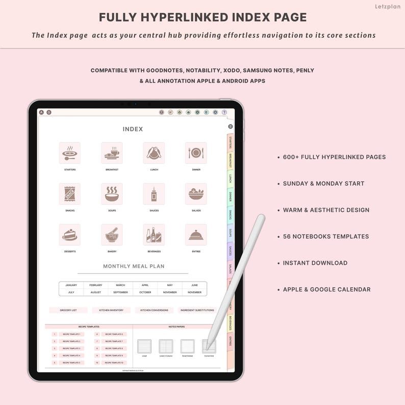 May include: A digital index page displayed on a tablet, featuring icons for various meal categories. The screen shows the text "FULLY HYPERLINKED INDEX PAGE" and is compatible with Goodnotes, Notability, Xodo, Samsung Notes, Penly, and all annotation Apple & Android apps.