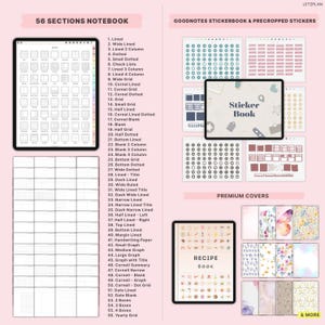 May include: Digital notebook templates and sticker books are displayed. The "56 Sections Notebook" shows various page layouts. The "Sticker Book" and "Recipe Book" are also featured, along with premium cover designs. The image showcases digital planning resources.