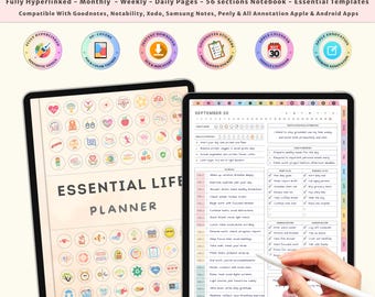 Puede incluir: Planificador de vida digital esencial que se muestra en dos tabletas. El planificador incluye páginas mensuales, semanales y diarias, con 56 secciones y plantillas esenciales. Compatible con varias aplicaciones. El texto en la pantalla dice "Essential Life Planner."