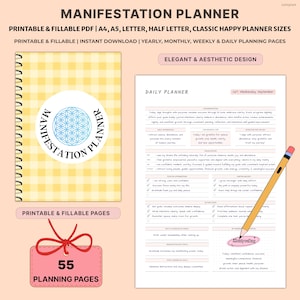 May include: A printable manifestation planner with a yellow gingham cover and spiral binding. The planner includes daily, weekly, and monthly planning pages. The design is elegant and aesthetic, with a focus on self-reflection and goal setting. Includes 55 planning pages.