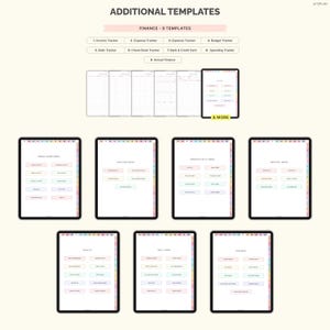 Op de afbeelding: Digitale sjablonen voor financi&euml;n en planning, waaronder inkomsten-, uitgaven- en budgettrackers. De afbeelding toont verschillende sjablonen op tablets, met kleurrijke tabbladen en de tekst "ADDITIONAL TEMPLATES" en "FINANCE - 9 TEMPLATES".