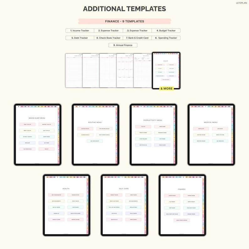 Op de afbeelding: Digitale sjablonen voor financi&euml;n en planning, waaronder inkomsten-, uitgaven- en budgettrackers. De afbeelding toont verschillende sjablonen op tablets, met kleurrijke tabbladen en de tekst "ADDITIONAL TEMPLATES" en "FINANCE - 9 TEMPLATES".