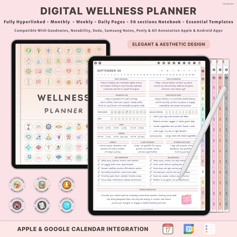 May include: Digital wellness planner displayed on a tablet, with monthly, weekly, and daily pages. The planner has 56 sections and is compatible with Goodnotes and other apps. The text reads "Wellness Planner" and "Elegant & Aesthetic Design."