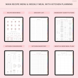 May include: Digital kitchen planning templates displayed on tablets. The image shows a recipe menu, grocery list, ingredient substitutions, kitchen conversions, inventory, and a meal plan. The text at the top reads "MAIN RECIPE MENU & WEEKLY MEAL WITH KITCHEN PLANNING."