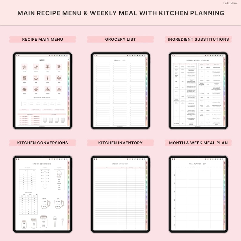 May include: Digital kitchen planning templates displayed on tablets. The image shows a recipe menu, grocery list, ingredient substitutions, kitchen conversions, inventory, and a meal plan. The text at the top reads "MAIN RECIPE MENU & WEEKLY MEAL WITH KITCHEN PLANNING."