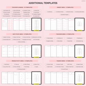 Pu&ograve; includere: Un modello di pianificatore digitale rosa con sezioni per la pianificazione degli insegnanti, i menu dei genitori, i menu delle unit&agrave; di studio, i tracker, la produttivit&agrave; e le finanze. Ogni sezione ha pi&ugrave; modelli.