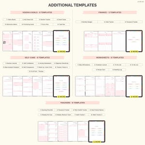 May include: A digital planner template page with the title "ADDITIONAL TEMPLATES" at the top. The image is divided into sections for Vision & Goals, Finance, Self-Care, Worksheets, and Trackers. Each section lists template options with pink accents.