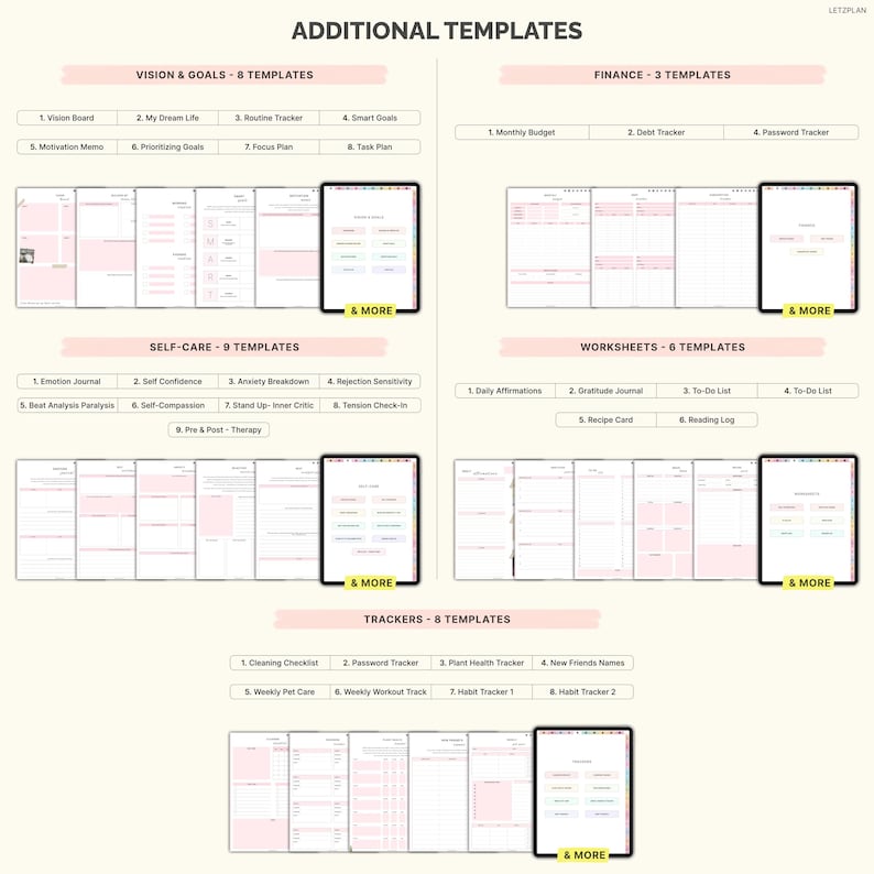 May include: A digital planner template page with the title "ADDITIONAL TEMPLATES" at the top. The image is divided into sections for Vision & Goals, Finance, Self-Care, Worksheets, and Trackers. Each section lists template options with pink accents.