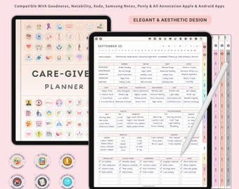 Planificador digital para cuidadores de personas mayores. Carpeta médica con agenda de tareas diarias. Organizador de atención médica domiciliaria. Libro de registro.