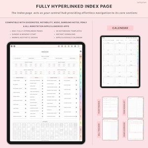 May include: A digital planner on a tablet, with a fully hyperlinked index page. The image shows finance trackers, budget, and calendar templates. Text includes "Fully Hyperlinked Index Page" and "Apple & Google Calendar".