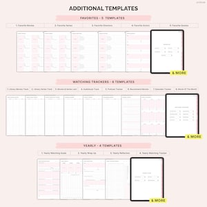May include: A digital planner with templates for tracking movies, series, directors, actors, and quotes. Includes watching trackers for movies, series, audiobooks, podcasts, and more. Yearly templates for goals, wrap-up, and reflection are also included. The text "& MORE" is visible.
