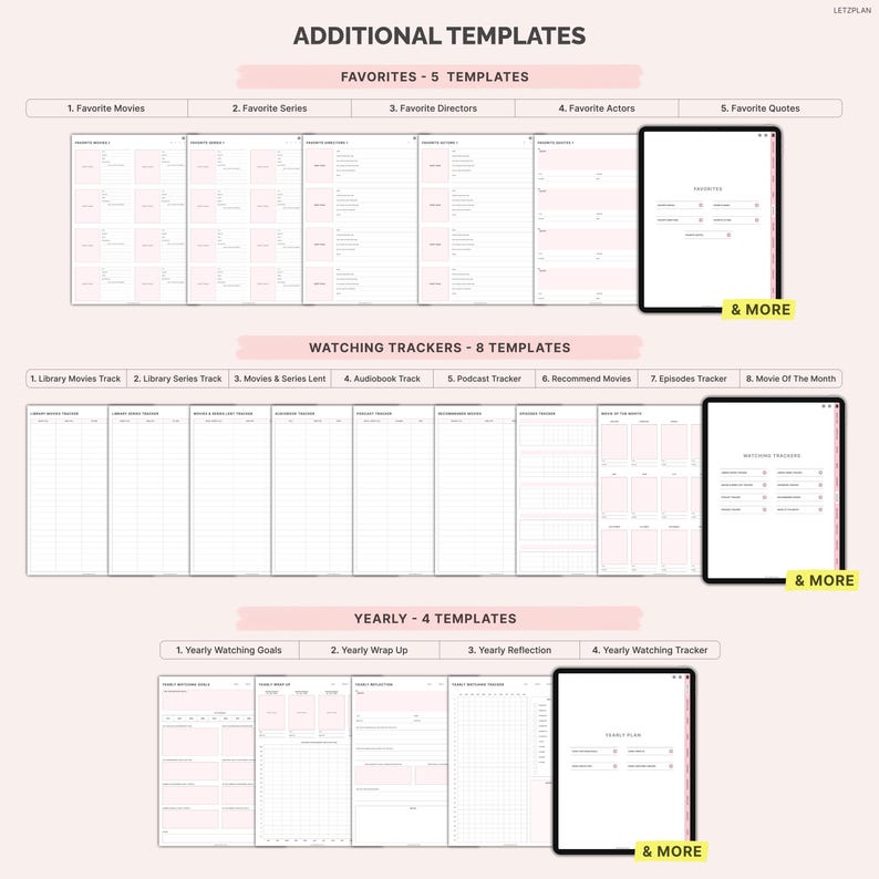 May include: A digital planner with templates for tracking movies, series, directors, actors, and quotes. Includes watching trackers for movies, series, audiobooks, podcasts, and more. Yearly templates for goals, wrap-up, and reflection are also included. The text "& MORE" is visible.