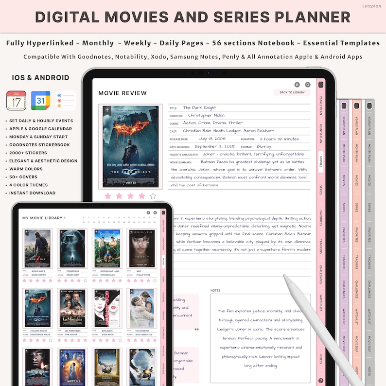 May include: Digital movies and series planner on a tablet and phone. The planner includes movie reviews, a library, and a calendar. The planner is compatible with Goodnotes, Notability, Xodo, Samsung Notes, Penly & All Annotation Apple & Android Apps.