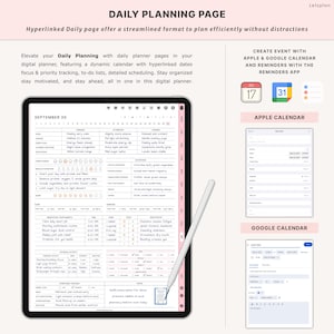 Pu&ograve; includere: Una pagina di pianificazione giornaliera digitale su un tablet con una penna. La pagina include sezioni per l'umore, l'idratazione, il cibo, il sonno e l'esercizio. L'immagine mostra anche l'integrazione dei calendari Apple e Google.