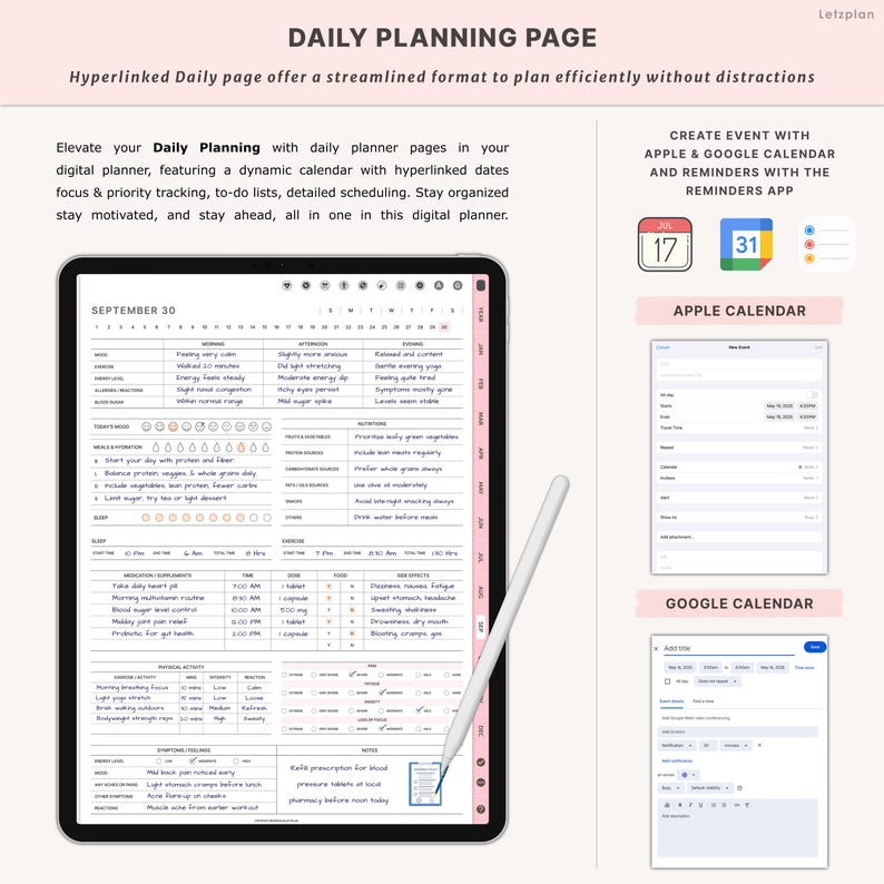 Pu&ograve; includere: Una pagina di pianificazione giornaliera digitale su un tablet con una penna. La pagina include sezioni per l'umore, l'idratazione, il cibo, il sonno e l'esercizio. L'immagine mostra anche l'integrazione dei calendari Apple e Google.