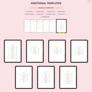 May include: A digital planner template set with the text "ADDITIONAL TEMPLATES" and "FINANCES - 9 TEMPLATES". The image shows several digital tablets displaying various planning pages, including fitness, health trackers, and finances. The background is light pink.