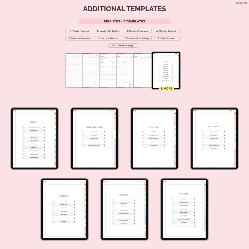 May include: A digital planner template set with the text "ADDITIONAL TEMPLATES" and "FINANCES - 9 TEMPLATES". The image shows several digital tablets displaying various planning pages, including fitness, health trackers, and finances. The background is light pink.