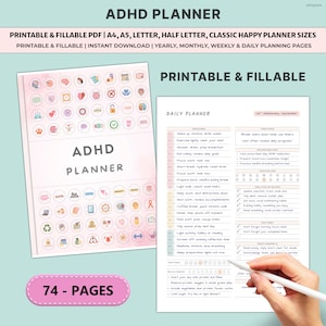 Könnte beinhalten: ADHS-Planer mit druckbaren und ausfüllbaren Seiten. Der Planer enthält Jahres-, Monats-, Wochen- und Tagesplanungsseiten. Das Cover zeigt den Text "ADHS PLANNER" und eine Sammlung von Symbolen. Das Bild zeigt auch eine tägliche Planerseite mit einer Hand, die einen Stift hält.