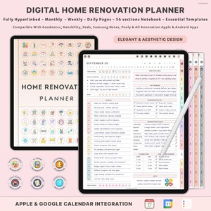 Puede incluir: Dos tabletas muestran un planificador digital de renovación del hogar. El planificador incluye páginas diarias, semanales y mensuales con 56 secciones. El texto en la pantalla dice "Home Renovation Planner" y "September 30". Compatible con aplicaciones Apple y Android.